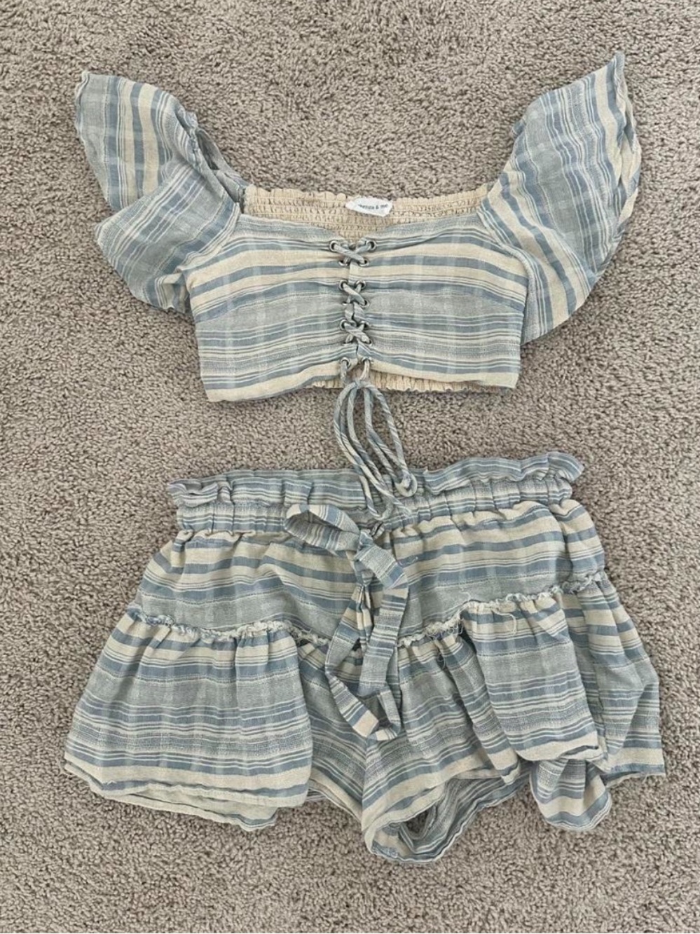 NWOT Mustard Seed Blue and Cream Striped Two-Piece Crop Top and Short Set